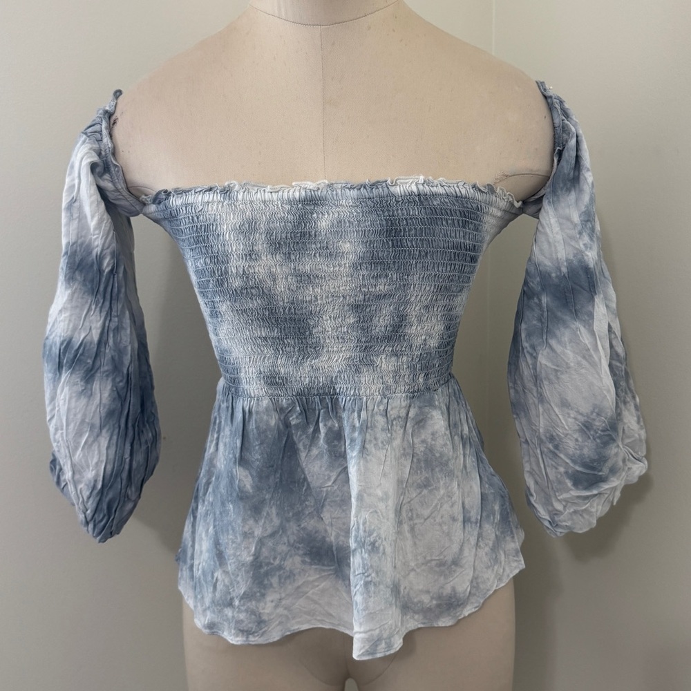 American Eagle Small Blue Tie Dye Off Shoulder Smocked Fairy Y2K Top